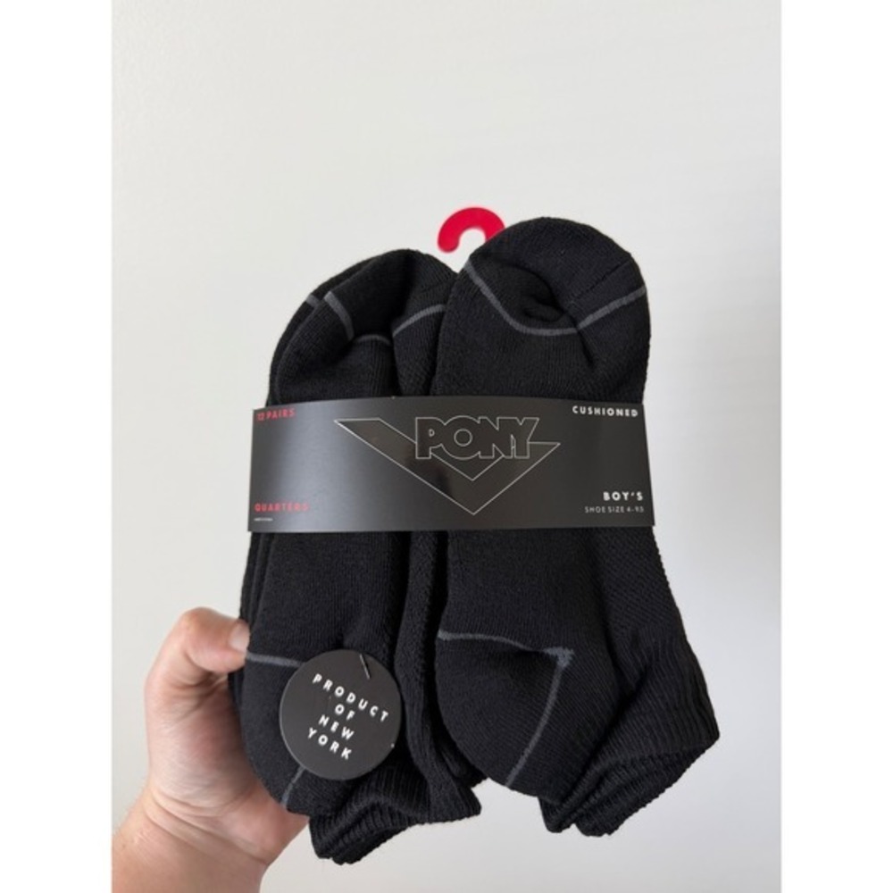 Pony Boys' Cushioned Quarter Socks – Black – 12 Pairs – Shoe Size 4-9.5